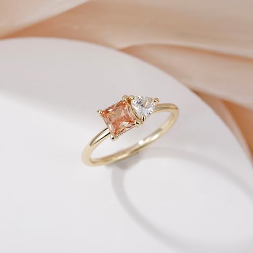 14K Gold Plated Engagement Rings for Women Princess Cut Created Yellow Citrine Trillion Cut Cubic Zirconia Double Stone Wedding Band Promise Rings for Her Size 5-103