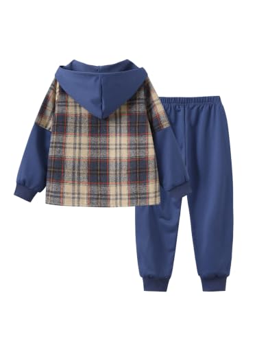 Image of 2Pcs Kids Boys Flannel Plaid Shirt Tops Pants Set Hoodie Sweatsuit for Fall Winter Spring Outfits 4-12 Years