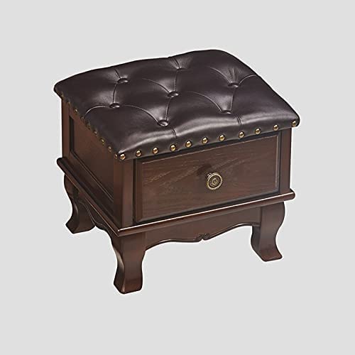 Foot Stool, Genuine Leather Noble Solid Wood Footrest with Drawer Modern Home Living Room Bedroom Wooden Useful Sofa Stool Fashion Seat Change Shoes,Walnut 3,7 buckles
