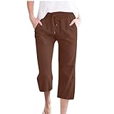 Cowyams Pantalones de lino para mujer, informales, pantalones capri, ligeros, cómodos, para la playa, pantalones de tela, cintura alta, pantalones harén, pantalones casuales con bolsillos, café-02, M