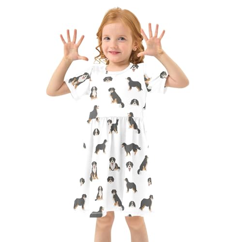 Wusikd Bernese Mountain Dog Girl Short Sleeve Tank Dress Puppy Crewneck Twirl Swing Dress for Kids 7-8T
