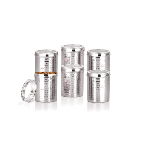Image of Ebun Stainless Steel Containers for Kitchen Storage Set | Steel Storage Containers for Kitchen | Steel Containers with Lid | Hand Hammered Texture Airtight Steel Containers 500 Gms | Pack Of 6