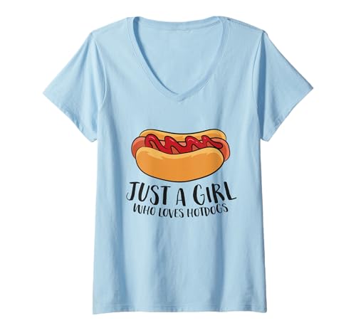 Womens Just a Girl Who Loves Hotdogs Funny Hot Dog Girl V-Neck T-Shirt