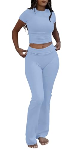 Image of AYWA Women's 2 Piece Lounge Sets Short Sleeve Crop Top Foldover Flare Pants Casual Pajama Outfits