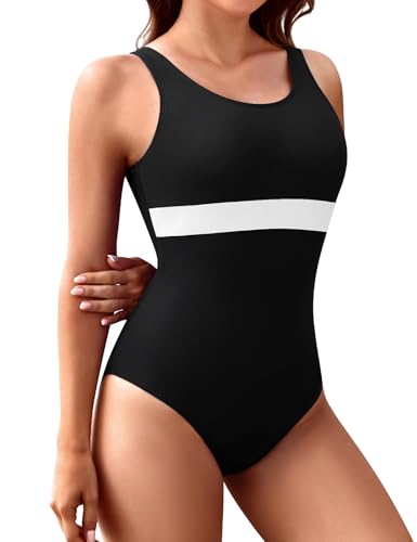 Vijamiy Maillot Bain Femme 1 Piece Sport Swimwear Push Up Rembourré Maillot De Bain Dos Nu Résistant au Chlore et Grand Teint Piscine de Plage(Noir et Blanc,L)