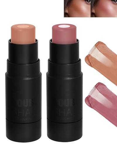 2Pcs Crème Blush Makeup Stick Bronzer & Rose, Multi-usage Mat Highlighter Cheek Wand Blusher, Fards à Joues Facile à Estomper, Imperméable et Durable, Éclat Naturel, Maquillage Cadeau Noel-01+02