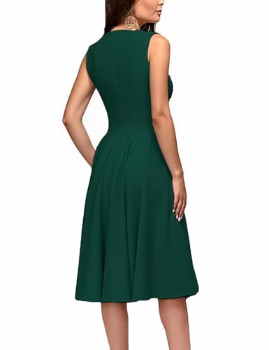 Image of FENJAR Women's Elegance Audrey Hepburn Style Ruched Dress Round Neck Sleeveless Swing Midi A-line Dresses (US, Alpha, Large, Regular, Regular, Green)