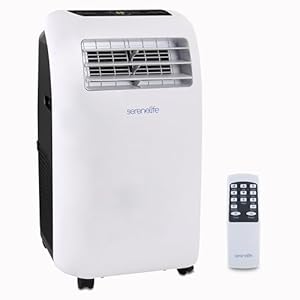 SereneLife Climatiseur Mobile Silencieux,7K BTU, Climatiseur Portable 3-en-1 avec Fonction Déshumidificateur Intégrée, Mode Ventilateur, Télécommande, Kit d'Évacuation Complet pour Fenêtre,Blanc