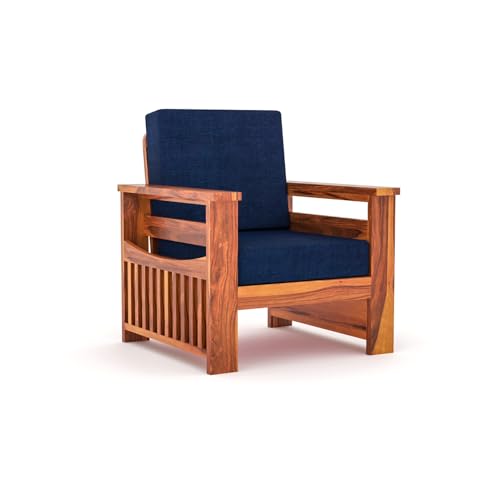 Image of Sheesham Wooden 1 Seater Sofa for Living Room | Rosewood 1 Seater Cushion Sofa Side Half Moon Rack | Solid Wood Sofa Set for Lounge (1 Seater,Honey Finish)