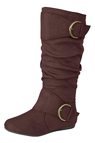 Image of Forever Link Women's Klein-70 Closed Round Toe Buckle Slouch Flat Heel Mid-Calf Boot