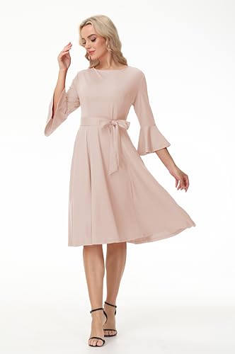 Image of Hostoyo Church Dress for Women Wedding Guest Cocktail Party Dresses Evening Prom Formal Modest Gowns Crew Neck Bell Sleeve