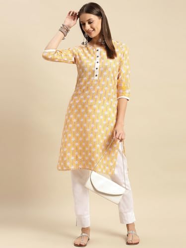 Image of rangita Yellow Cotton Knee Length Printed Straight Kurti for Women | Kurta for Women