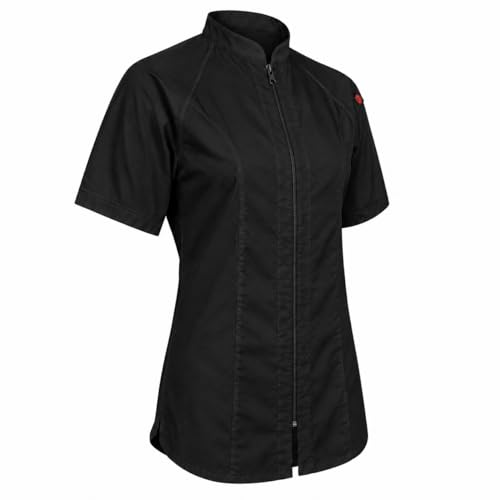 ChefsCloset Union Womens Short Sleeve Chef Coat Professional Ladies Chef Jacket for with Center Zipper and Mesh Panels (Black Small)