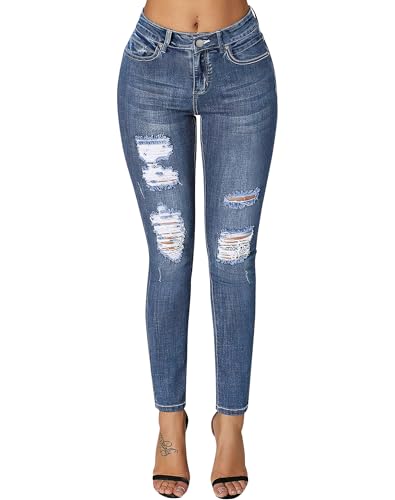 Image of roswear Women's Essentials Ripped Mid Rise Destroyed Skinny Jeans