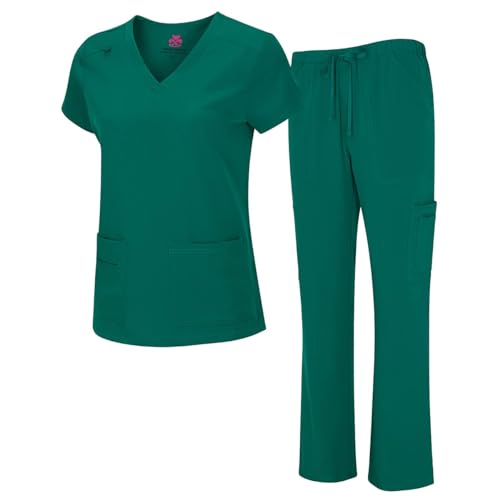 M&M SCRUBS Women's Petite Scrub Set Cool Stretch V-Neck Top and Cargo Pant Set (True Hunter Green, Small-Petite)