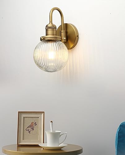 Image of Industrial Vintage 1-Light Wall Sconce with 5.9 inch Round Ribbed Clear Glass Globe Lampshade, U-Shaped Indoor Wall Mounted Lamp Fixture for Bedroom Living Room Bathroom Vanity