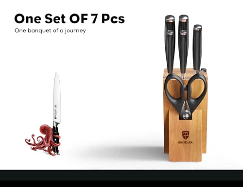 Image of BRODARK 7Pcs Ultra Sharp Kitchen Knife Set, Acacia Wood Block with Scissors