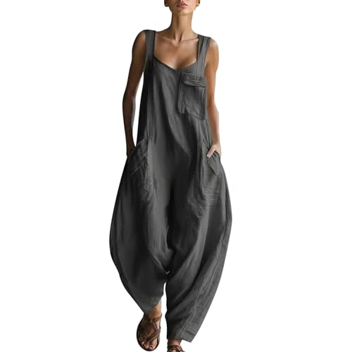 Pantalones de lino tipo mono sin mangas lisos y ligeros en tallas grandes de mujer