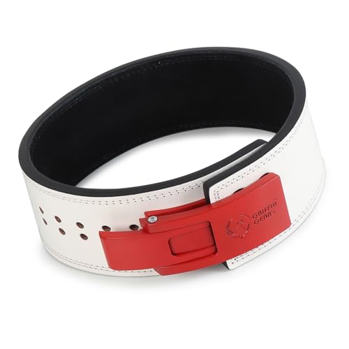 Image of 13mm Lever Belt - White Leather Weightlifting Belt with Red Buckle - Powerlifting Gym Belt for Men & Women - Heavy-Duty (White Belt Red Buckle, S)