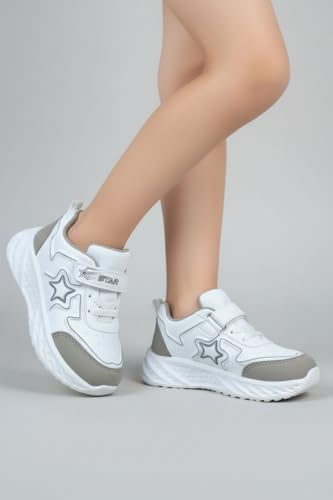 Image of High Fashion Kids Athletic Sneakers, White and Grey Sports Shoes, Breathable Synthetic Mesh, Hook and Loop Closure, Ages 4-8 Years, Summer Collection
