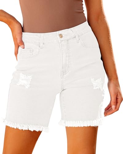 Roskiky Pantalones vaqueros cortos para mujer, cintura alta, informales, elásticos, elásticos, pantalones cortos acanalados con dobladillo crudo, crema, XXL