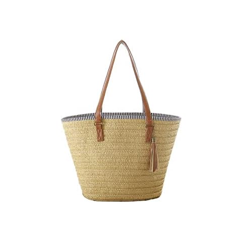 Hixingo Straw Bag for Women Girls, Large Handwoven Beach Shoulder Bag, Summer Bohemian Style Straw Bag Tote Bag Woven Bag With Zip for Gift Holiday Travel Shopping (Brown,46X31x25CM) Cover