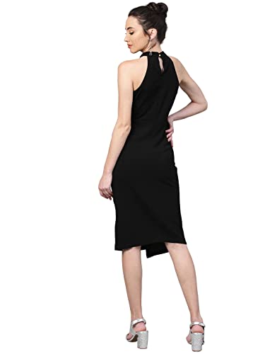 Image of Shasmi Women's Comfortable Red Halter Neck Sleeveless Solid Midi Bodycon Casual Western Stylish Dress