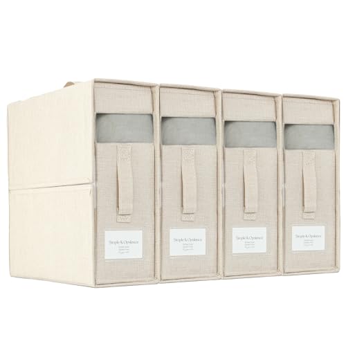 Simple&Opulence 4 Pack Bed Sheet Organizers and Storage, Linen Closet Organizers, Sheets Set Folder Storages with Window and Label (Queen/King Size) Organizing Bedding Container, Linen