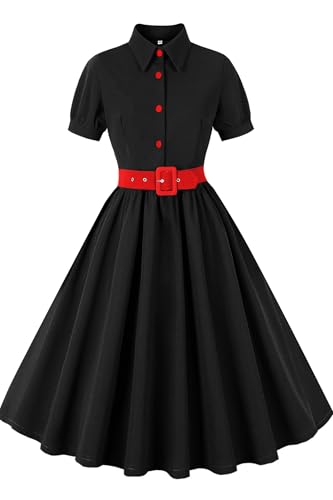 AXOE Women Rockabilly Dress 1940s 50s Style Vintage Outfit Belted Knee Length for Tea Party Work Black and Red, UK Size 10, S