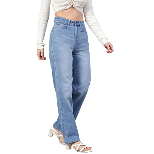 Image of KOTTY Women's High Rise Cotton Lycra Blend Ankle Length Relaxed Fit Jeans Light Blue
