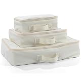 Shinymoon 3 Set 100% Cotton Packing Cubes with Handle Travel Luggage Storage Organizer Bags Beige Suitcases Bags Durable Zippers for Clothes Shoes Storage Weekend Plus Set(Regular Styles)
