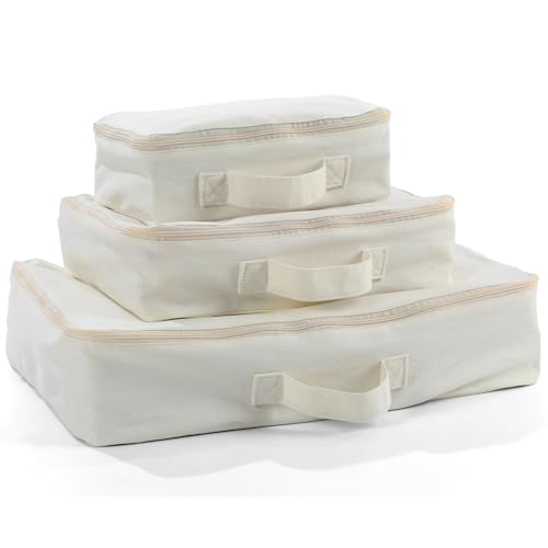 Shinymoon 3 Set 100% Cotton Packing Cubes with Handle Travel Luggage Storage Organizer Bags Beige Suitcases Bags Durable Zippers for Clothes Shoes Storage Weekend Plus Set(Regular Styles)
