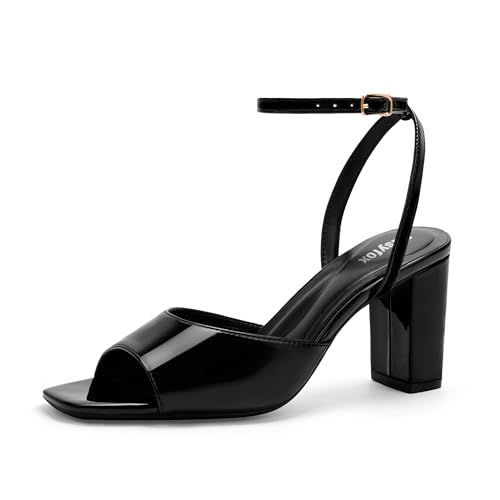 Image of Easyfox Open Toe Chunky Heel Sandals for Women Ankle Strap 3 Inch High Heels Dress Wedding Block Shoes