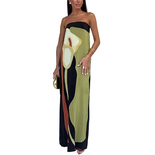 ACOSAP Women Y2k Strapless Maxi Dress Summer Backless Floral Long Tube Dress Off Shoulder Cocktail Party Dress