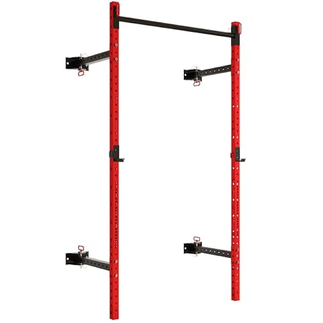 Soozier Folding Squat Rack with Adjustable Pull-Up Bar, 1000 Pounds Capacity Wall Mounted Power Rack, Adjustable Barbell Rack with J Hooks for Home Gym Full Body Workout