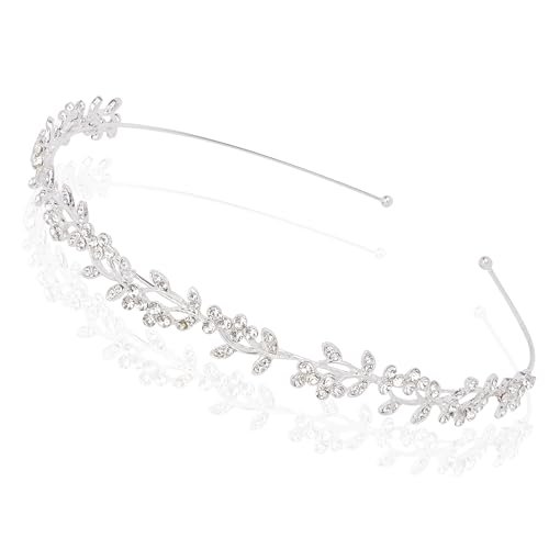 Exacoo Wedding Headbands for Women Girls Bride Headband Bridal Headpieces Crystal Hair Band Silver Tiara Wedding Gifts Hair Accessories Elegant Fairy Rhinestone Handmade Leaves Flowers