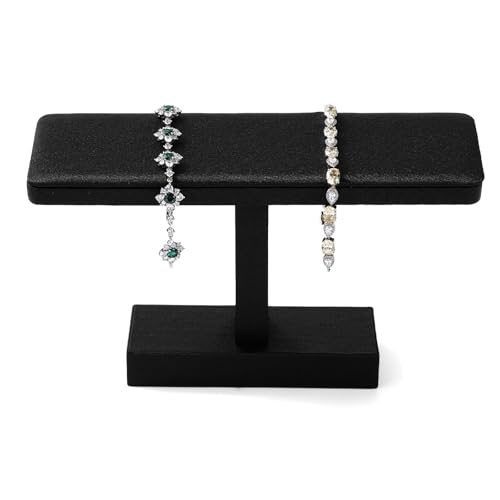 Microfiber T-bar Bracelet Watch Stand Jewelry Bracelet Watch Holder Necklace Bangle Organizer Holder Jewelry Stand,Solid Wood Interior(Black)