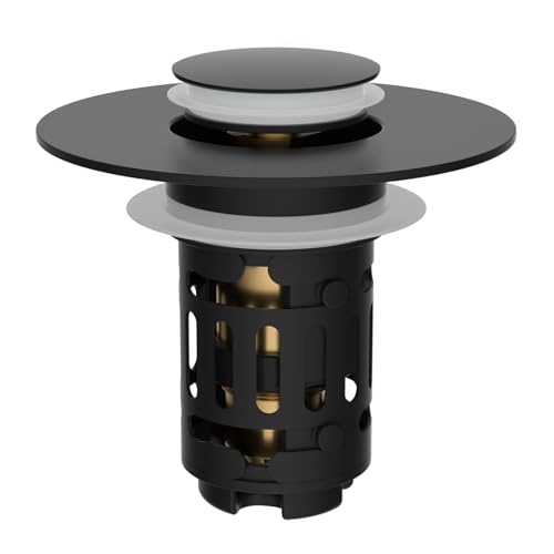 Hibbent Upgraded 3 in 1 Bathroom Sink Drain Strainer Universal Pop Up Stopper Removable Stainless Steel Filter Basket Hair Catcher Sink Plug for 1.1~2.36 Basin Brass Bullet Core Matte Black