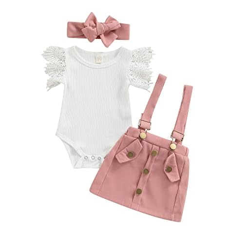 Infant Girls Summer 3Pcs Outfit Sets Ruffle Short Sleeve Ribbed Romper + Suspender Skirt + Headband (A-Pink, 6-12 Months) Cover