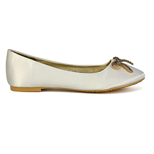 Women Flat Bridal Satin Slip On Ballerina Pumps Ladies Diamante Bow Bridesmaid Shoes Size 3-8