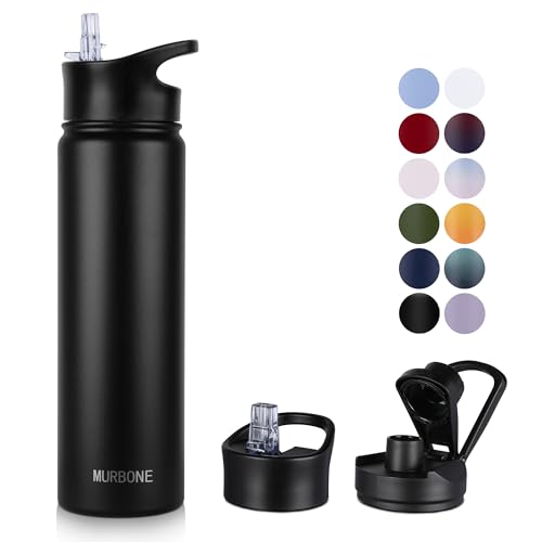 MURBONE Edelstahl Trinkflasche 750ml (+2 Deckel)-mit Strohhalm,BPA frei,Thermosflasche Auslaufsicher,Kohlensäure Geeignet,Thermoskanne Vakuum Doppelwandisolierung für Sport, Reisen, Camping