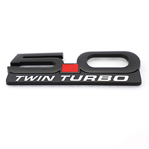 Image of 2X 5.0 Twin Turbo Emblem Decal Replacement for F150 Mustang GT Billet Coyote 5.0 Supercharged T Metal Fender Trunk Badge Nameplate Sticker Decorative (Black)