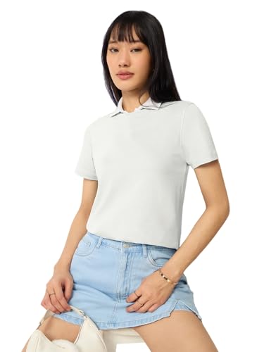 Image of The Souled Store Casual Classics: Women and Girls Short Sleeves Spread Collar Solid Cotton Regular Fit Breathable Lightweight Trendy Everyday T-Shirt