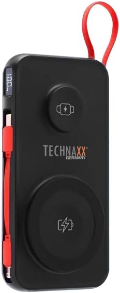 Technaxx TX-315 Power Bank showing digital display, USB ports, and wireless charging pads