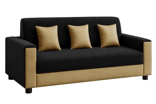 Image of 3 Seater Wooden Sofa | Velvet Fabric Couch with Cushions | Comfortable Living Room Sofa | Sturdy Wooden Frame | Home & Office Furniture | Black & Beige