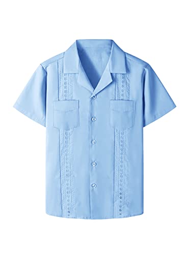 Boys Guayabera Shirts Cuban Short Sleeve Tops Casual Button Down Beach Shirt Spread Collar Solid Summer Blouse