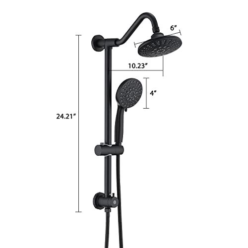 Uclimaa Rain Shower Head With Handheld, 5 Settings Rain Showerhead+6 Setting Handheld Shower Spray With 5Ft Stainless Steel Hose, 24" Drill-Free Slider Bar With Low 3-Way Diverter - Matte Black #TOP6