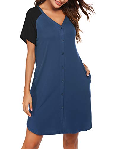 Ekouaer Sleepwear Womens Nightgown, Button Down Nightshirt, V-Neck Pajama Dress Short Sleeves Night Shirt for Sleeping Blue