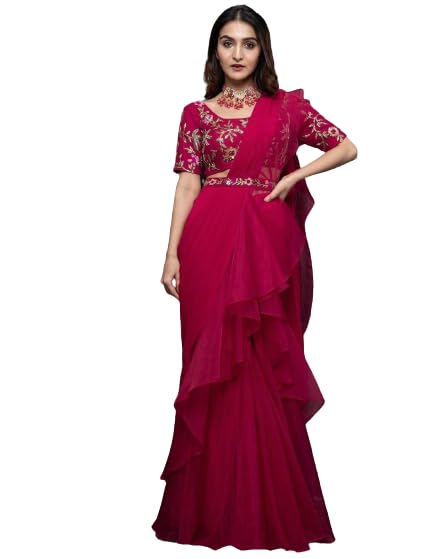 infabzonWomens Lehenga Saree & Belt Set Bollywood Style Apple Organza Silk Fabric With Embrodery Sequance Work