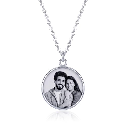 Image of TRUESILVER ACPL 925 Sterling Silver Personalized Photo Necklace for Women | Custom Photo Pendant with Fingerprint & Engraved Text | Oval & Round CZ Frame Jewelry Gift for Anniversary Birthday